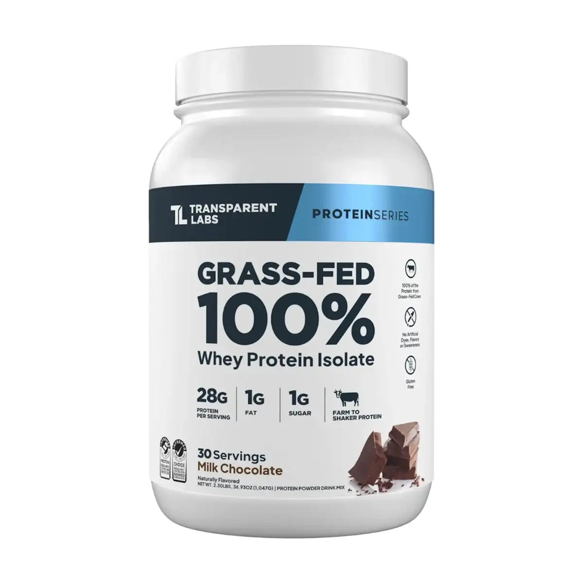 A white tub of Transparent Labs Grass-Fed Why Protein Isolate