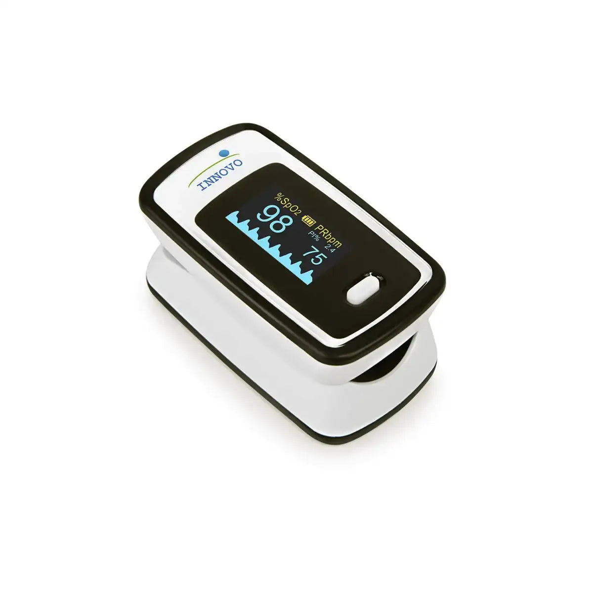 Innovo brand fingertip pulse oximeter on white background