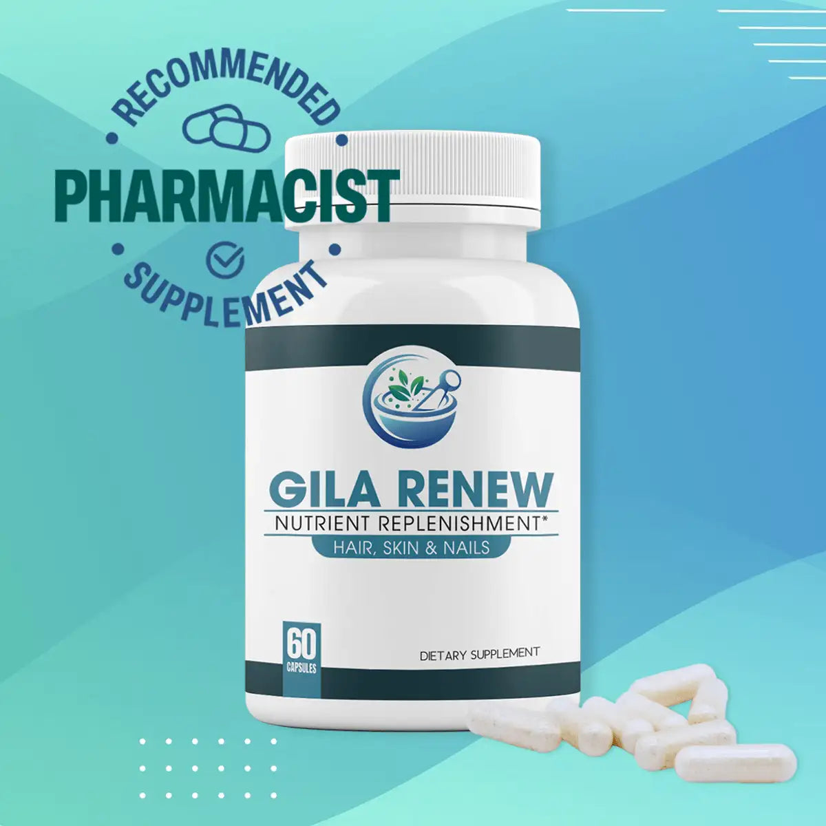 GILA Renew supplement for hair, skin, and nails -  with capsules and a ‘Pharmacist Recommended’ badge
