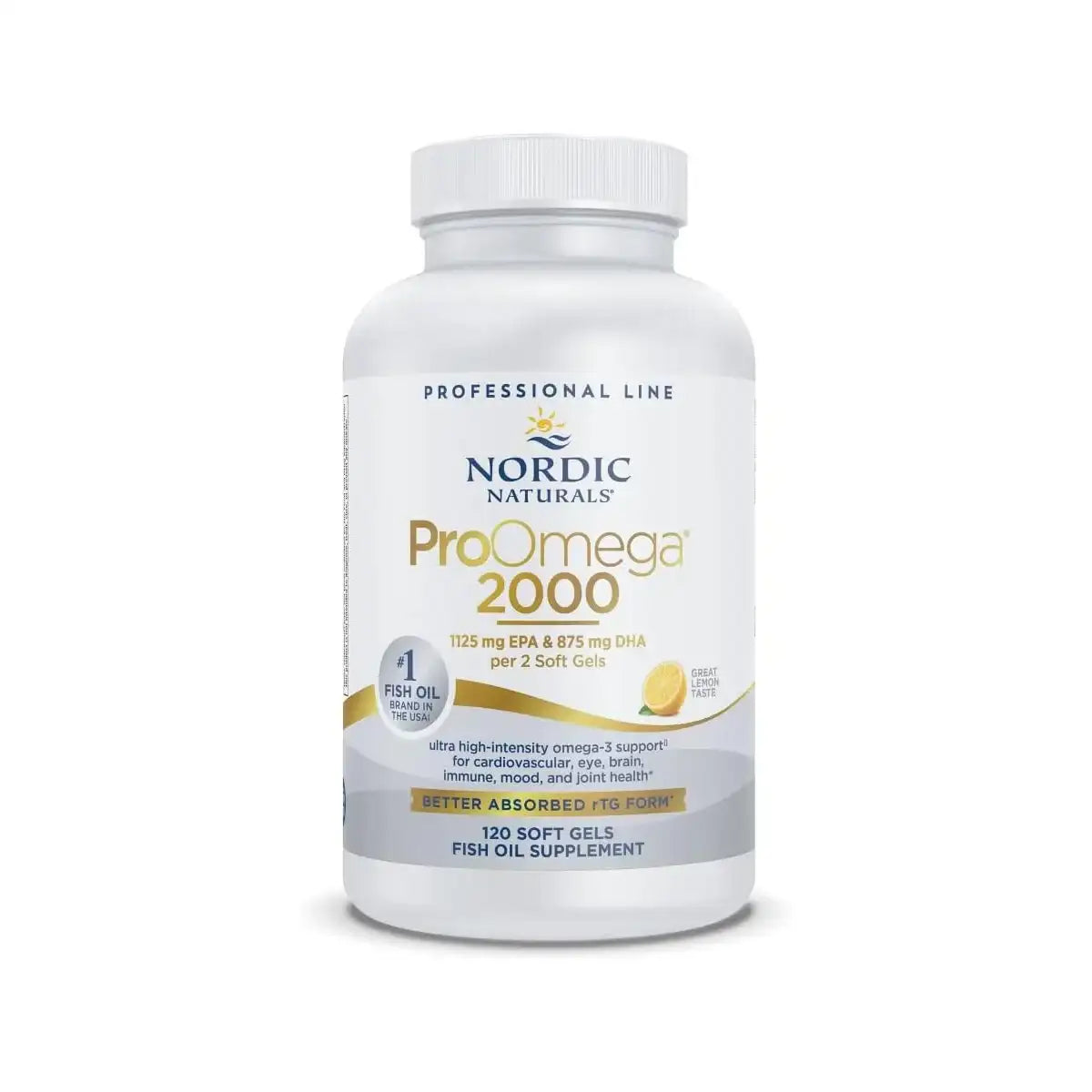 White plastic bottle of nordic naturals proomega 2000 fish oil supplement with a white cap and gold-accented label.