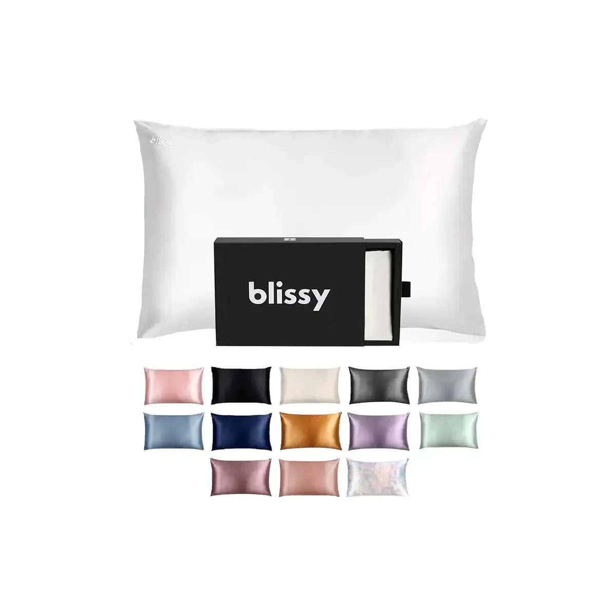 White satin pillowcase in a sleek black blissy box, with additional color options displayed below