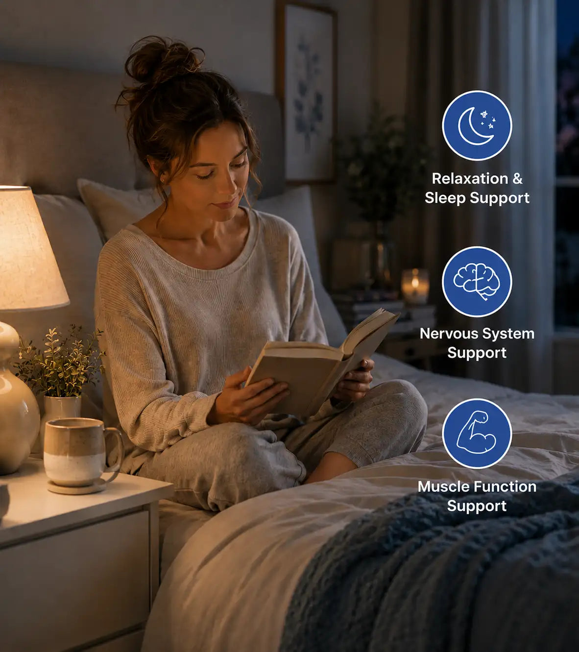 Woman reading a book in bed with nightlights on, emphasizing relaxation and sleep support.